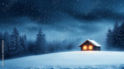 A snowy landscape with a decorated log cabin, glowing warmly with Christmas lights, surrounded by pine trees and falling snow 