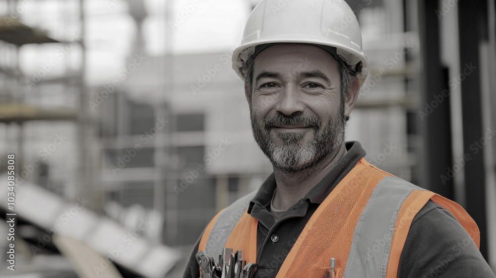 Construction Worker Smiling Portrait with Hard Hat and Safety Vest Construction Worker Smiling Portrait with Hard Hat and Safety Vest