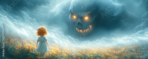A young girl stands in a field gazing up at a giant ominous creature with glowing eyes set against a dramatic sky