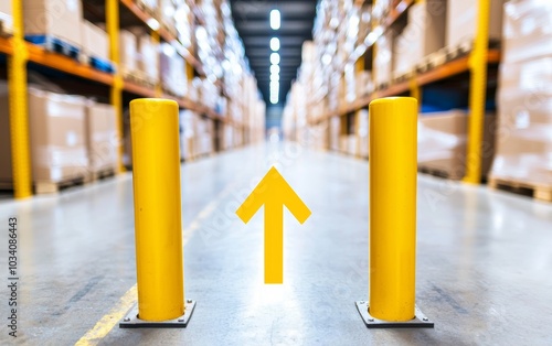 Industrial warehouse aisle with yellow safety bollards, focusing on organization, safety, and the streamlined flow of logistics operations