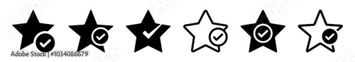 Star Rating and Verification Icons Set – Stars with Check Marks for Approval, Verified Status, and Quality Assurance. Star with checkmark verified symbol icon set in black color vector illustration