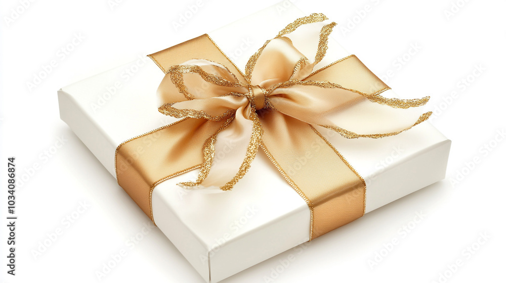 White Gift Box with Gold Ribbon and Bow Present Celebration Holiday Birthday Anniversary White Gift Box with Gold Ribbon and Bow Present Celebration Holiday Birthday Anniversary