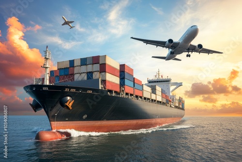 Large cargo ship sailing at sunset with an airplane flying above, symbolizing global shipping and logistics, vibrant sky and ocean reflecting warm colors