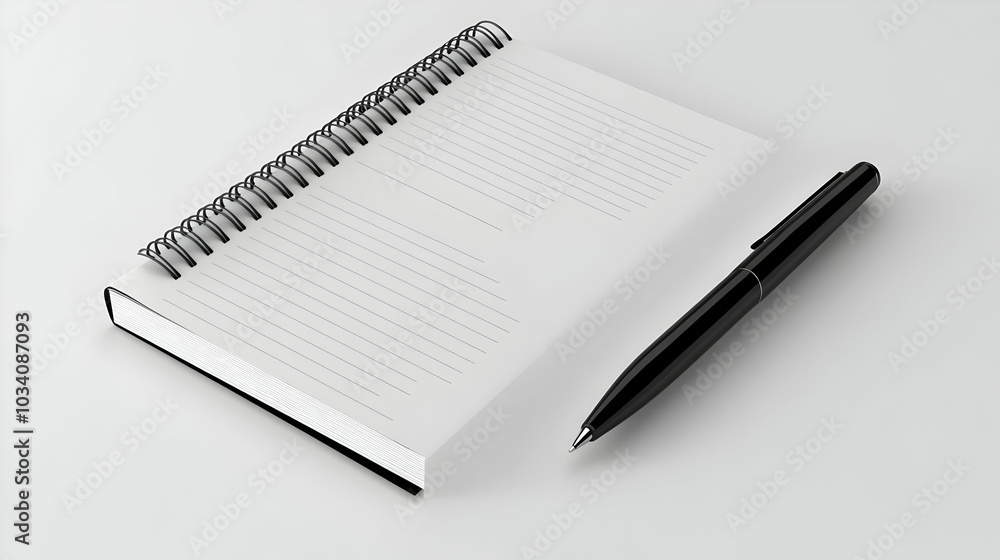 3D Plain Notebook with Pen Concept: Minimalist Design on Glossy White Desk, Symbolizing Planning and Revenue Opportunities with Ample Copy Space 3D Plain Notebook with Pen Concept: Minimalist Design on Glossy White Desk, Symbolizing Planning and Revenue Opportunities with Ample Copy Space