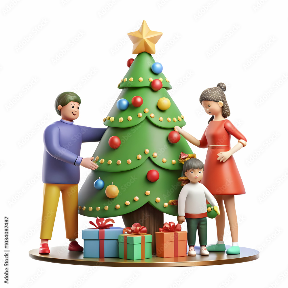 Family Decorating Holiday Tree Together in Festive Background - Capturing Warmth and Love of the Season with Space for Promotional Text Family Decorating Holiday Tree Together in Festive Background - Capturing Warmth and Love of the Season with Space for Promotional Text