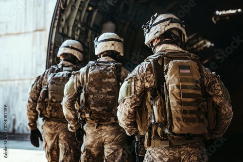 Military team inside a cargo plane, suited up and walking towards the open door, representing readiness for tactical operations and defense missions