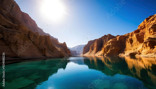 Stunning golden cliffs shaped by winds, reflecting sunlight above a crystal-clear lake, capturing nature's beauty. Perfect for landscapes, travel, and outdoor-themed backgrounds