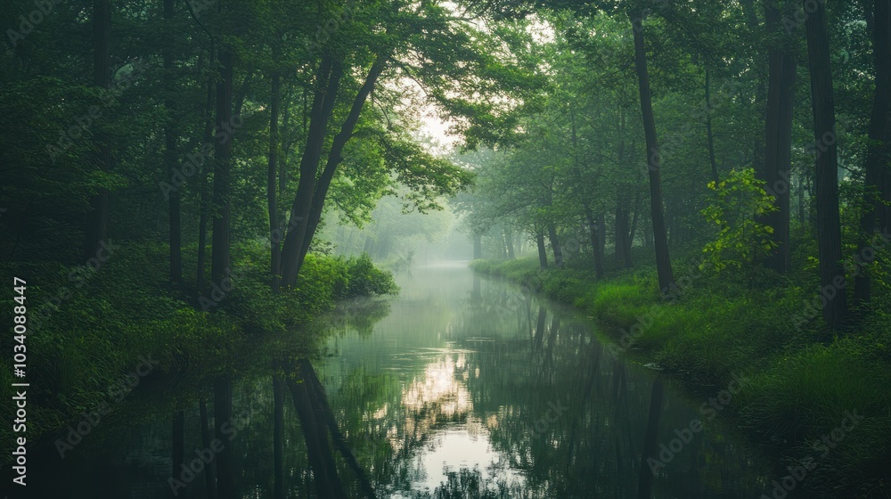 Obraz premium A misty morning view of a river flowing through a dense green forest.