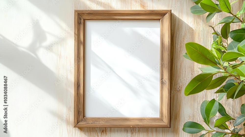 Fototapeta premium Elegant vintage wooden photo frame mock-up on rustic wood surface, natural shadows, blank interior space, vintage photo frame, rustic charm