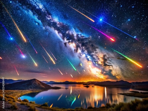 Glowing Meteor Shower: Captivating Celestial Event with Bright Comet Tail and Asteroids photo