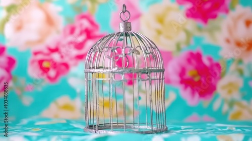 A Silver Birdcage on a Floral Patterned Background