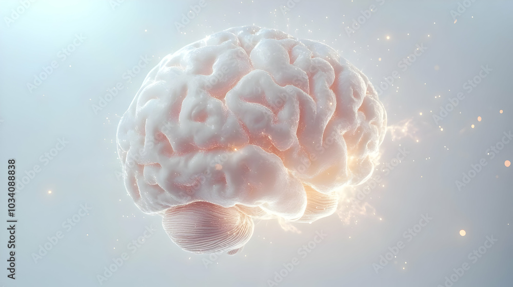 3D Levitating Brain with Light Beams - Close-Up of a White Brain Hovering in Space, Camera Pan Highlights Mental Illumination, Isolated on White Background 3D Levitating Brain with Light Beams - Close-Up of a White Brain Hovering in Space, Camera Pan Highlights Mental Illumination, Isolated on White Background