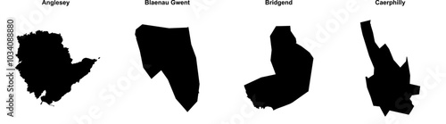 Anglesey, Blaenau Gwent, Bridgend, Caerphilly outline maps