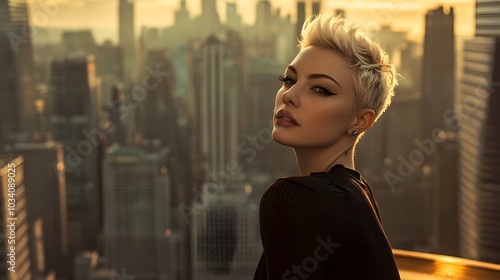 A woman with striking features and short blonde hair, standing on a balcony overlooking a bustling city skyline