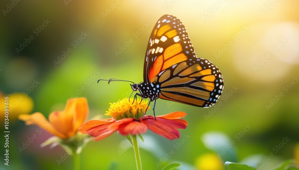 Butterfly landing on flower with vibrant wings, soft lighting, peaceful garden setup. Butterfly landing on flower with vibrant wings, soft lighting, peaceful garden setup.