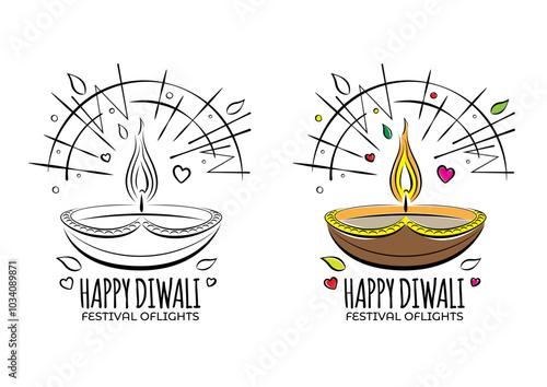 Indian festival Happy Diwali, Line Art Design