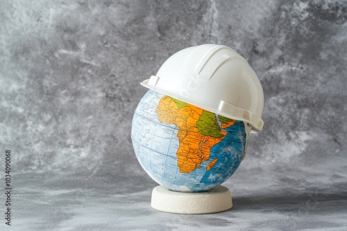 World globe wearing a white safety helmet, representing international construction, environmental responsibility, and industrial safety, light background photo