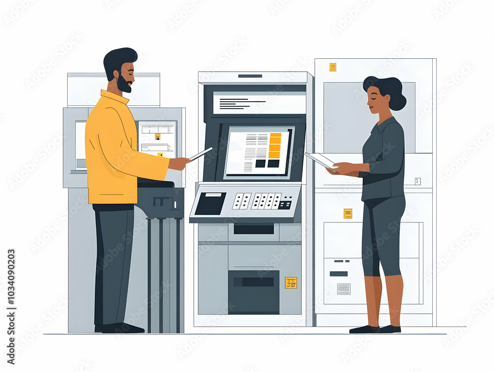 Flat Integrity Auditors Examining Voting Machines: Close-Up of Election Integrity Checks with Technical Focus in Simple Flat Vector Style Flat Integrity Auditors Examining Voting Machines: Close-Up of Election Integrity Checks with Technical Focus in Simple Flat Vector Style
