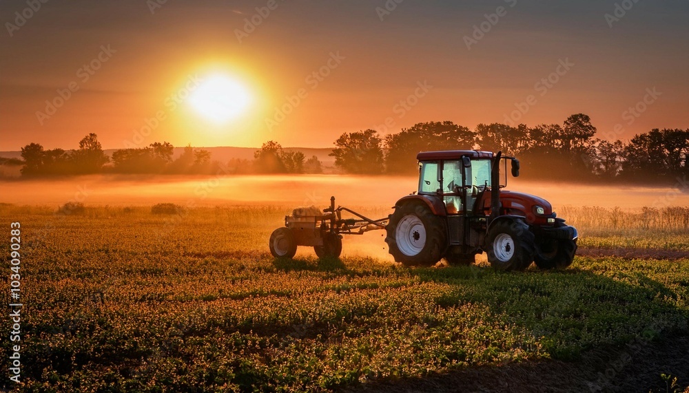 Fototapeta premium tractor in a field at sunrise