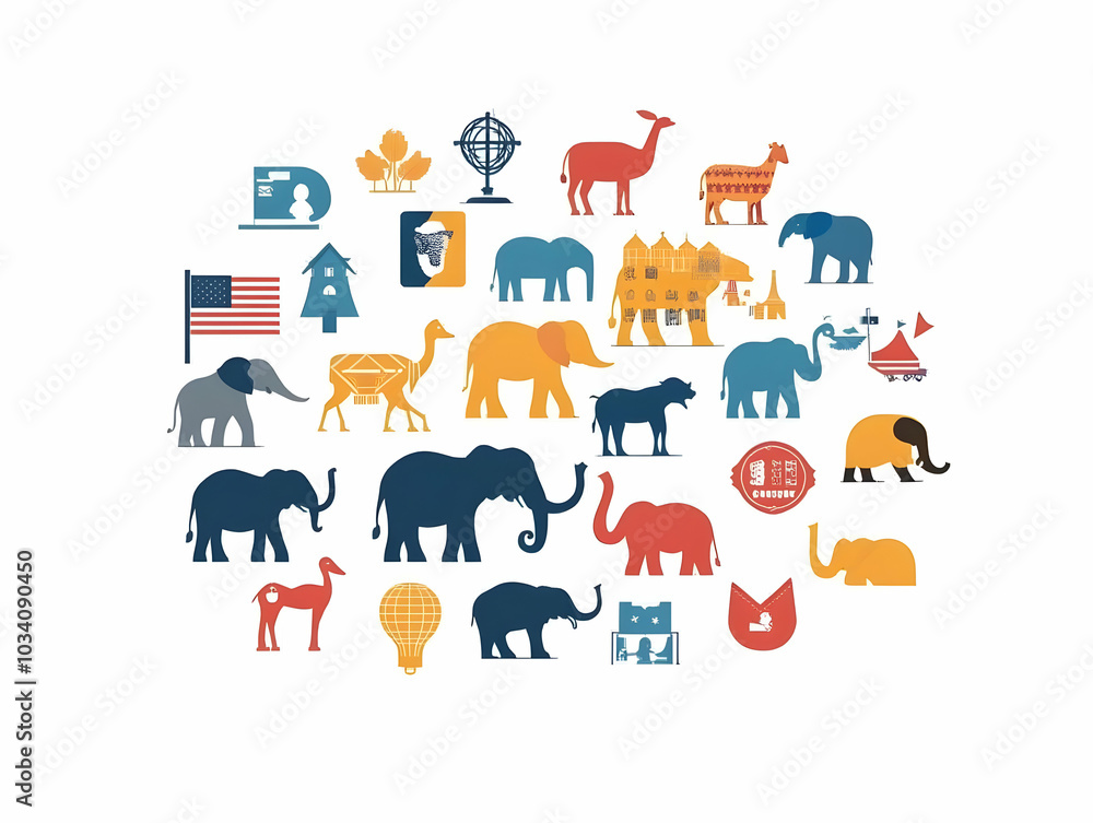 Flat Levitating Political Party Symbols: Close-up of Elephant, Donkey & Diverse Icons Rotating in Simple Vector Illustration Flat Levitating Political Party Symbols: Close-up of Elephant, Donkey & Diverse Icons Rotating in Simple Vector Illustration