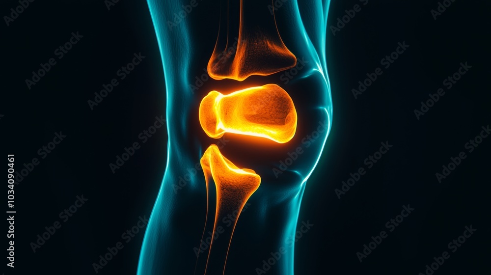 Glowing knee joint in blue and orange tones, Xray anatomy style, highlighting bones and ligaments, futuristic medical imaging and orthopedic study Glowing knee joint in blue and orange tones, Xray anatomy style, highlighting bones and ligaments, futuristic medical imaging and orthopedic study