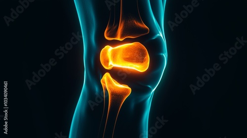 Glowing knee joint in blue and orange tones, Xray anatomy style, highlighting bones and ligaments, futuristic medical imaging and orthopedic study