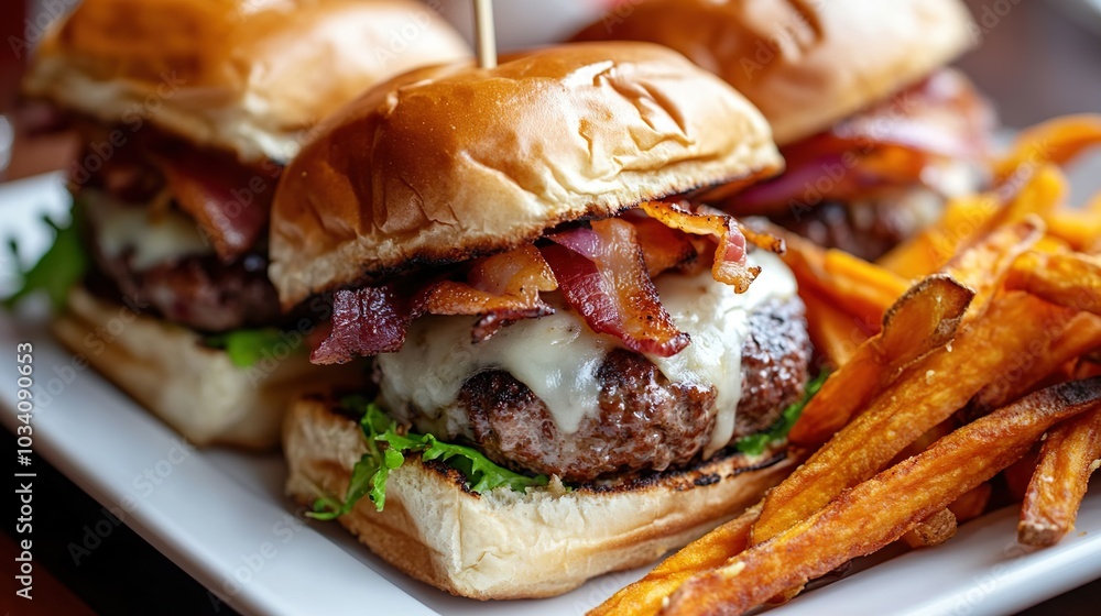 Gourmet bacon cheeseburger sliders with sweet potato fries Gourmet bacon cheeseburger sliders with sweet potato fries