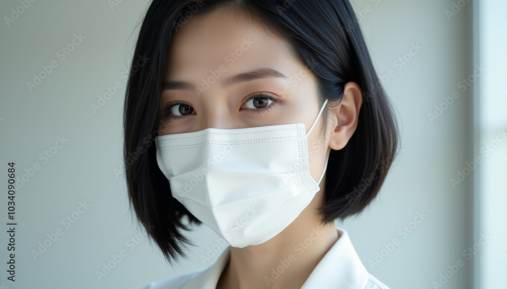 Woman wearing white mask in clean indoor environment Woman wearing white mask in clean indoor environment