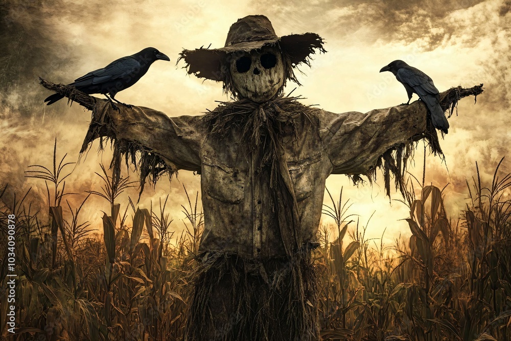 Fototapeta premium A clothed effigy stands in the middle of the field, crows perch on it