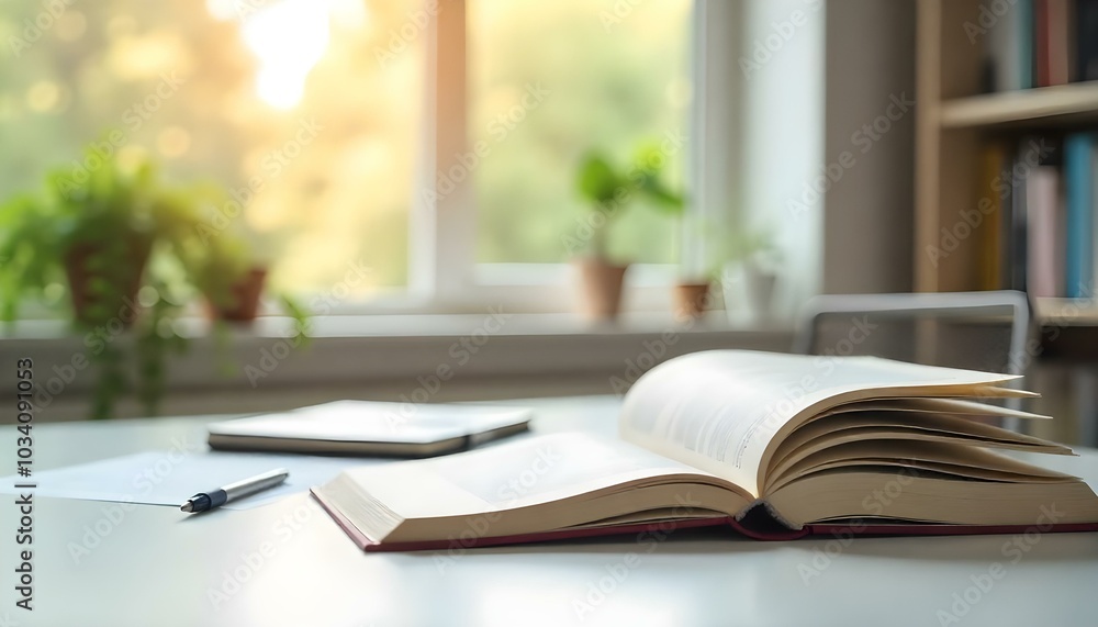 A desk with office supplies and books, with a window in the background A desk with office supplies and books, with a window in the background