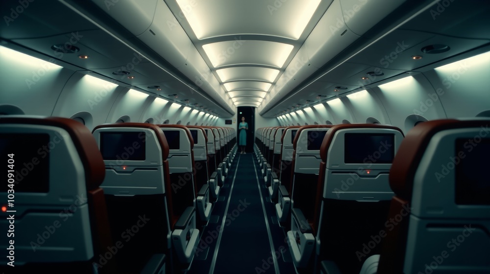 Fototapeta premium Empty airplane cabin with a person in the distance