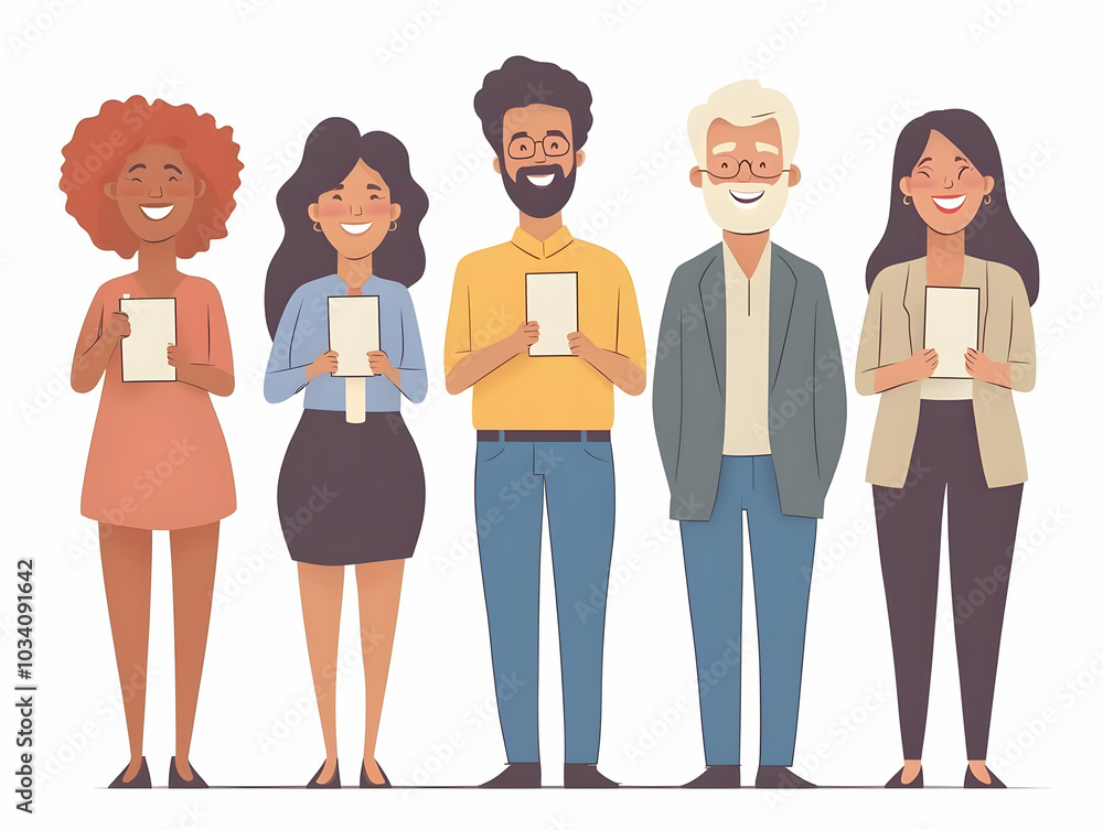 Flat Voters Taking Ballot Selfies: A Series of Vector Illustrations Showcasing Diverse Ages and Backgrounds with I Voted Stickers, Capturing Genuine Excitement in Civic Participation, Simple and Moder Flat Voters Taking Ballot Selfies: A Series of Vector Illustrations Showcasing Diverse Ages and Backgrounds with I Voted Stickers, Capturing Genuine Excitement in Civic Participation, Simple and Moder