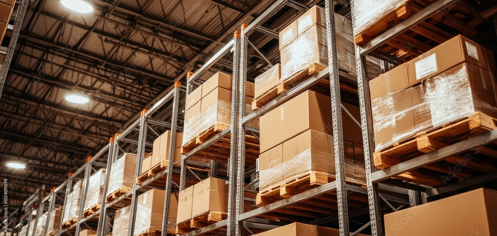 Large industrial warehouse with organized rows of metal shelving and boxes, bright lighting and clean layout, representing logistics and storage management Large industrial warehouse with organized rows of metal shelving and boxes, bright lighting and clean layout, representing logistics and storage management