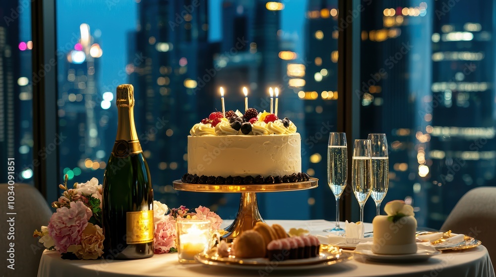 Elegant Birthday Celebration in Penthouse Suite with City Skyline View and Gourmet Delights Elegant Birthday Celebration in Penthouse Suite with City Skyline View and Gourmet Delights