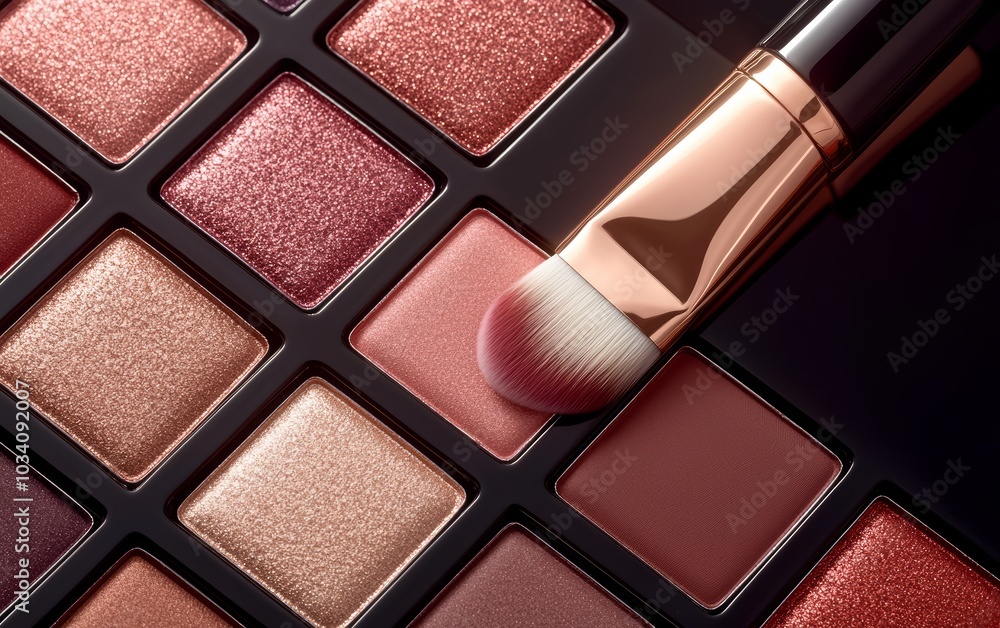 Fototapeta premium Makeup brush sweeping across vibrant eyeshadow palette, glamorous and shimmering colors, focusing on beauty and luxury cosmetics