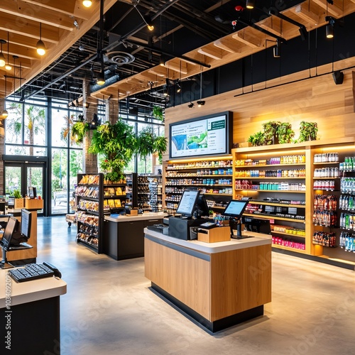 Modern Retail Store Interior with Wooden Accents and Digital Signage.