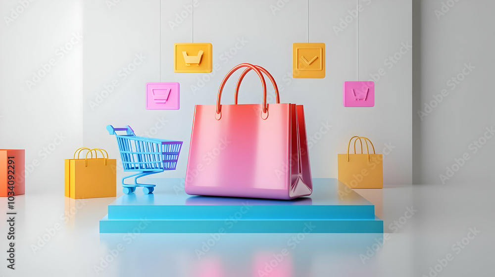 3D Shopping Bag with Holographic Icons Above Glossy White Floor - Concept of Online Shopping and Discounts with Floating Buy Button 3D Shopping Bag with Holographic Icons Above Glossy White Floor - Concept of Online Shopping and Discounts with Floating Buy Button