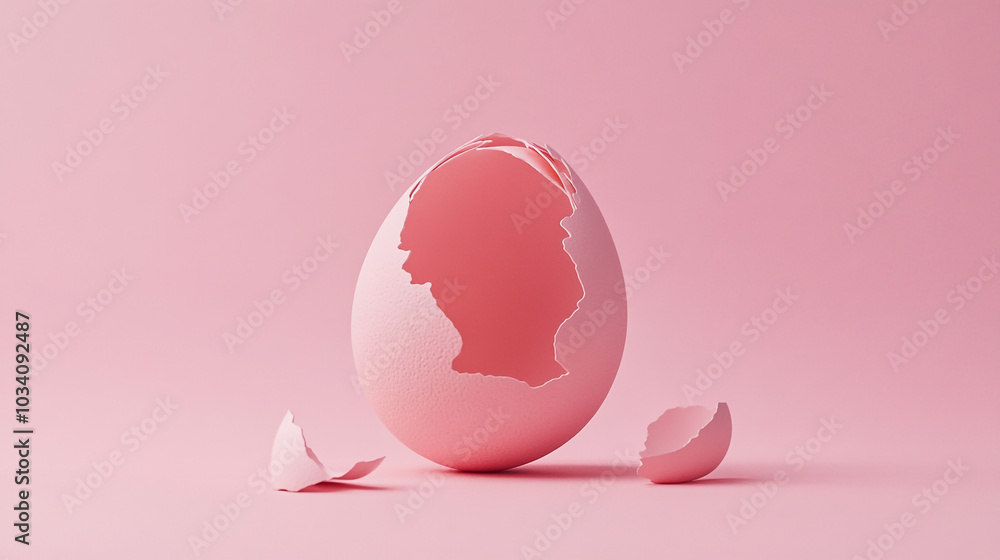 Obraz premium Cracked Pink Easter Egg with Shell Pieces on Pink Background