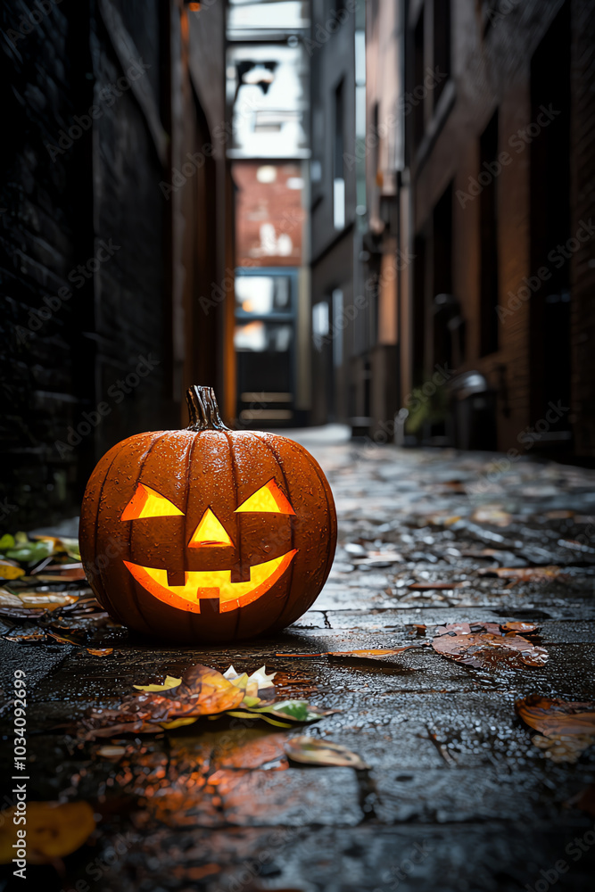 Jack-o'-lantern in an autumn alley at night Jack-o'-lantern in an autumn alley at night