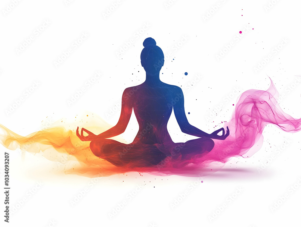 Flat Holographic Meditation Figure in Lotus Pose - Wide Shot of Calm Emanating Waves, Isolated on White with Mindfulness Messaging Space - Simple Vector Illustration Flat Holographic Meditation Figure in Lotus Pose - Wide Shot of Calm Emanating Waves, Isolated on White with Mindfulness Messaging Space - Simple Vector Illustration