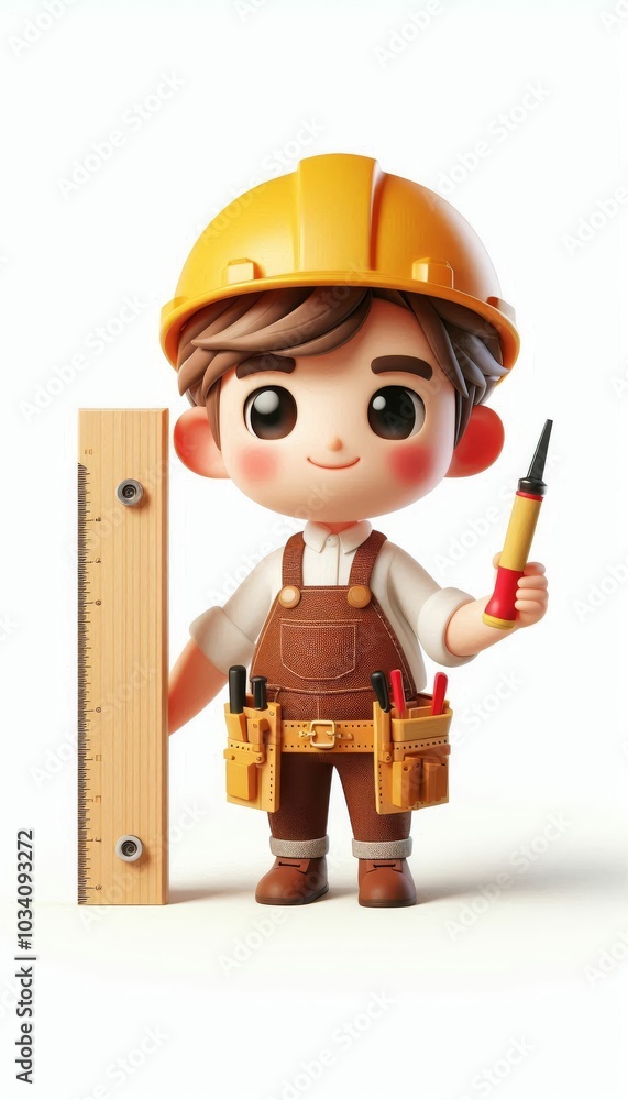 3D Stylized Character of a boy as a carpenter. is making a piece of furniture while holding a carpenter's tools. Isolated on White background 3D Stylized Character of a boy as a carpenter. is making a piece of furniture while holding a carpenter's tools. Isolated on White background