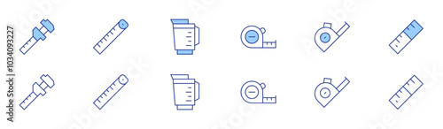 Measure icon set in two styles, Duotone and Thin Line style. Editable stroke. caliper, measure tape, measuring jug, measuring tape, ruler
