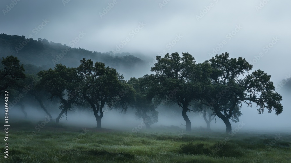 In the distance, the mystical fog danced through the ancient trees. In the distance, the mystical fog danced through the ancient trees.