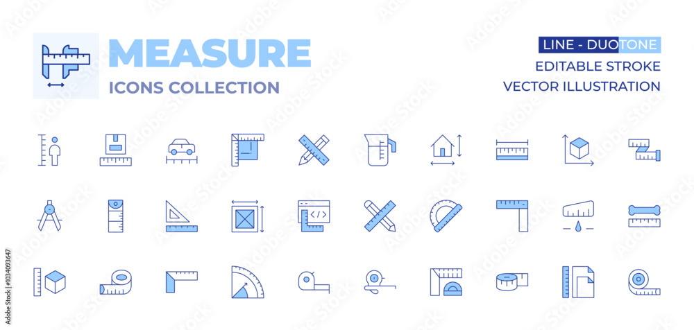 Measure icons collection. Line Duotone style, editable stroke. coding, protractor, work in progress, jug, size, area, rulers, pencil, ruler, compass, height, measuring tape, parcel size Measure icons collection. Line Duotone style, editable stroke. coding, protractor, work in progress, jug, size, area, rulers, pencil, ruler, compass, height, measuring tape, parcel size