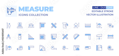 Measure icons collection. Line Duotone style, editable stroke. coding, protractor, work in progress, jug, size, area, rulers, pencil, ruler, compass, height, measuring tape, parcel size