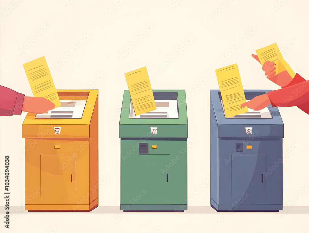 Flat Vector Illustration of Hands Counting Ballots with Soft Focus and Warm Lighting, Emphasizing Careful Vote Counting Process in a Transparent and Professional Manner Flat Vector Illustration of Hands Counting Ballots with Soft Focus and Warm Lighting, Emphasizing Careful Vote Counting Process in a Transparent and Professional Manner
