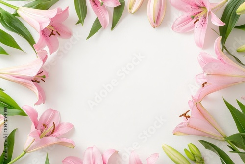 Circular frame of pink lilies forming a seamless ring, flat lay, vibrant colors, delicate and romantic botanical design