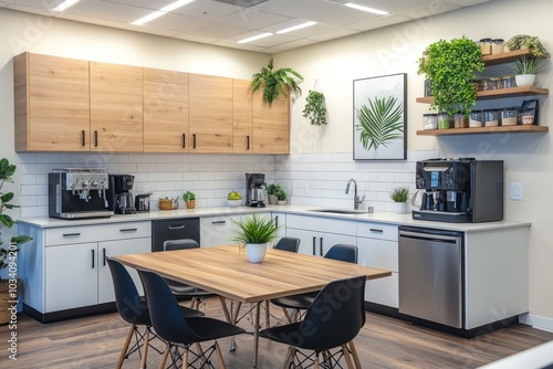 Modern Office Breakroom With Stylish Kitchen and Wood Accents