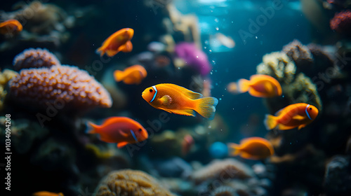 Orange and Blue Fish Swimming in a Coral Reef, a Vibrant Underwater Scene