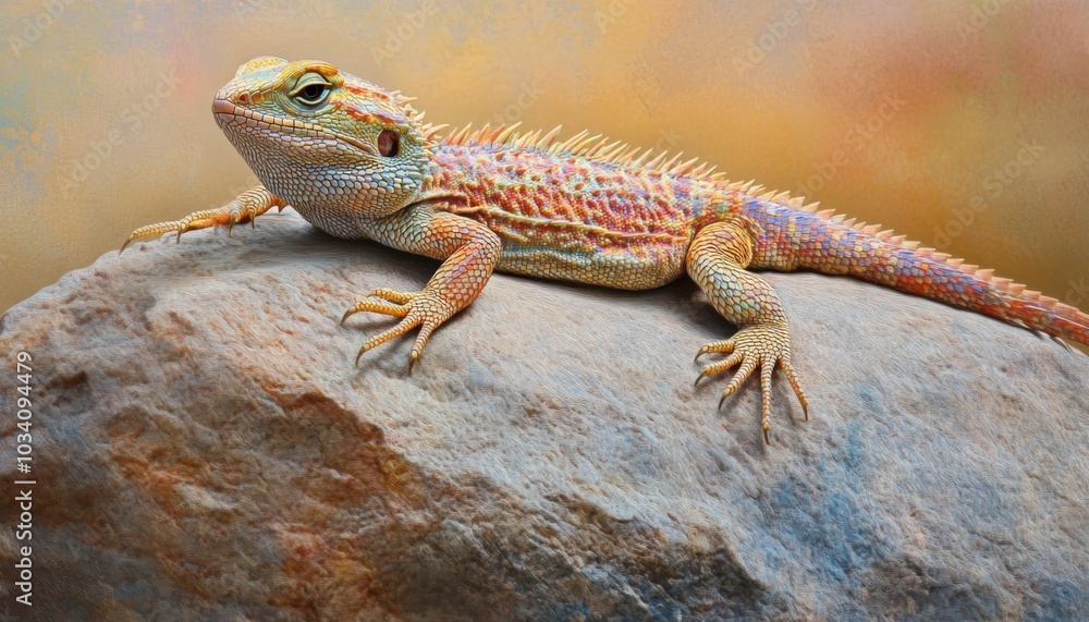 Naklejka premium Lizard basking on rock with vibrant scales, soft lighting, serene desert scene.